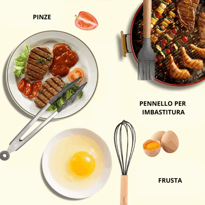 Set 11 Utensili da Cucina + Cestello in Silicone Premium, Manici in Legno, Resistenti al Calore, Antiaderenti - immagine 7