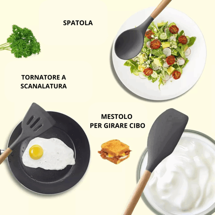 Set 11 Utensili da Cucina + Cestello in Silicone Premium, Manici in Legno, Resistenti al Calore, Antiaderenti - immagine 6