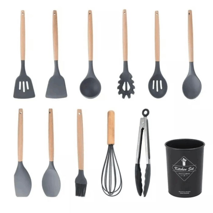 Set 11 Utensili da Cucina + Cestello in Silicone Premium, Manici in Legno, Resistenti al Calore, Antiaderenti - immagine 2