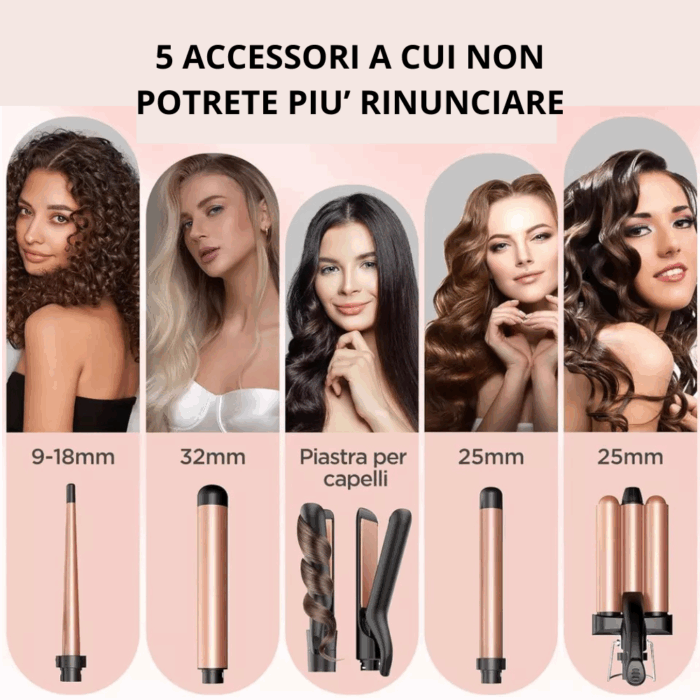 Set Piastre per Capelli 5 Accessori: 3 Coni Arricciacapelli + Piastra Lisciante + Piastra per Onde in Ceramica Antirottura - immagine 2