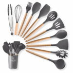 Set 11 Utensili da Cucina + Cestello in Silicone Premium, Manici in Legno, Resistenti al Calore, Antiaderenti
