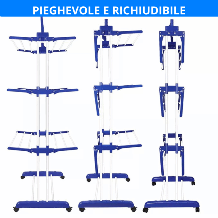 Stendi Panni Verticale 3 Livelli | Stendino Stendibiancheria Richiudibile Salvaspazio con Ruote - immagine 7