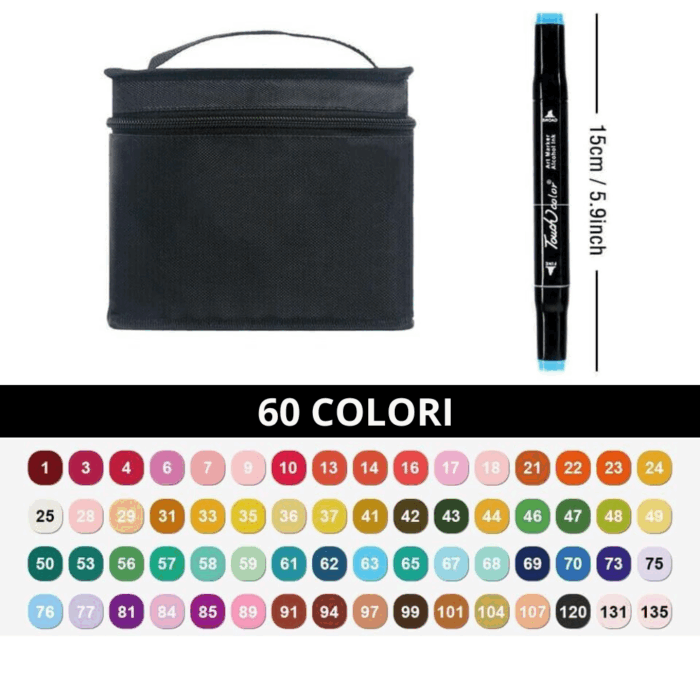Set 60 Pennarelli Colorati Doppia Punta Sfumabili | Materiale Artistico, Colori Professionali con Custodia - immagine 2