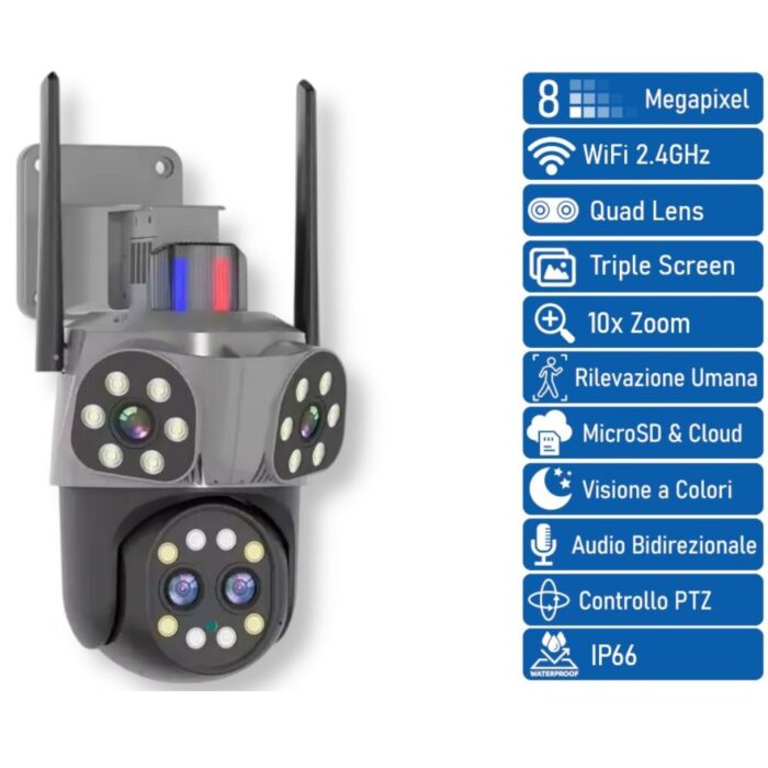 Telecamera PTZ Wi-Fi 360° Quadruple Vision | Audio Bidirezionale e Allarme 8mp - immagine 3